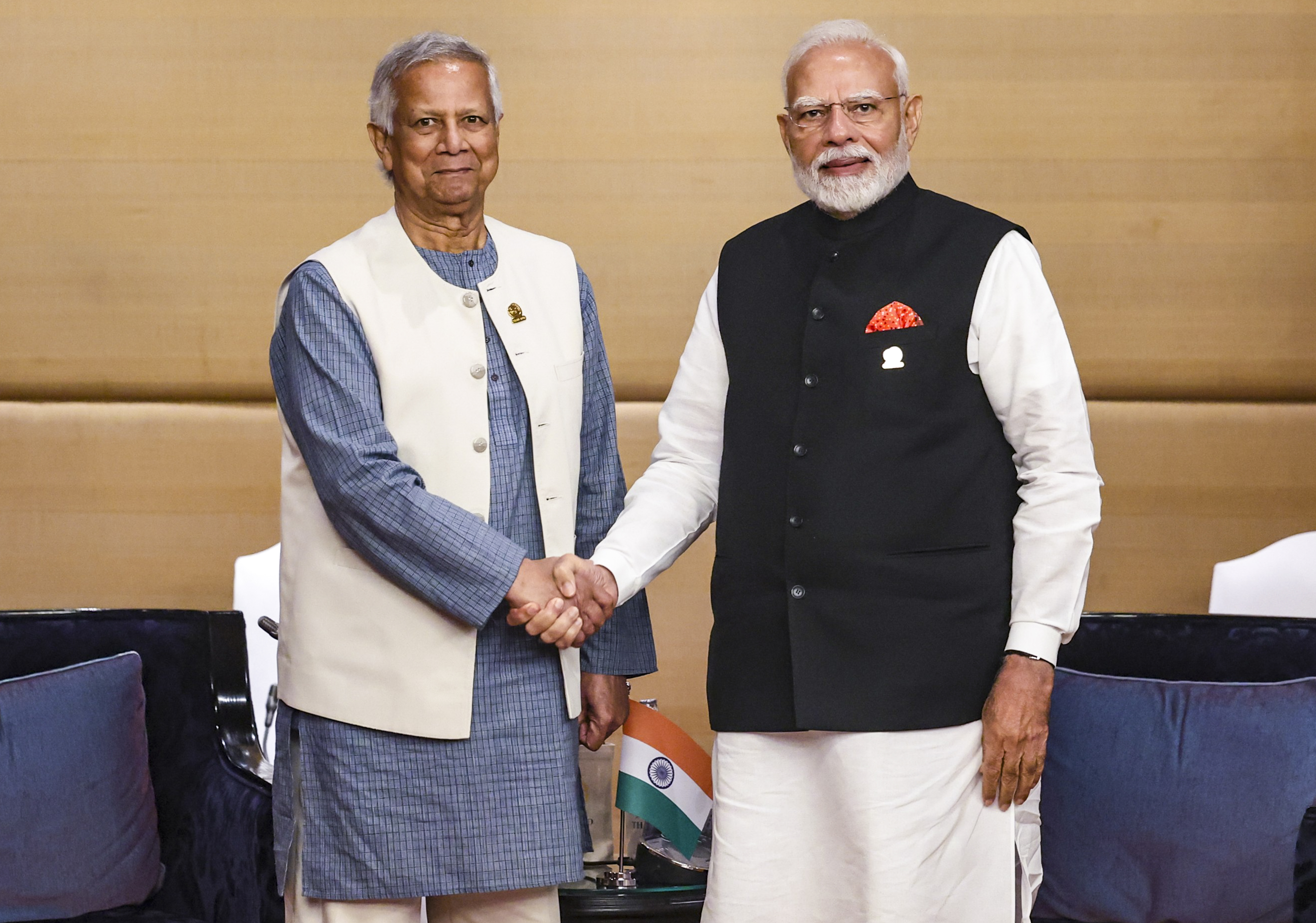 PM Narendra Modi with Bangladesh Chief Adviser Muhammad Yunus on BIMSTEC Summit
