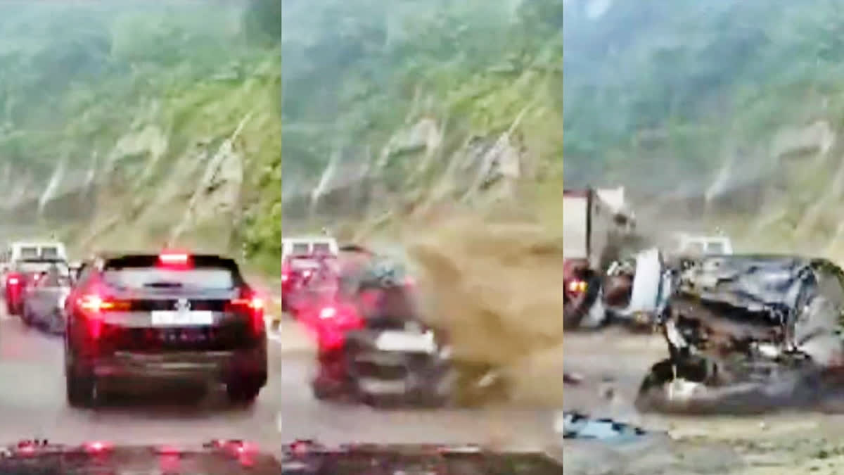 Two people died and three others were injured after massive boulders rolled down a hill, brutally crushing multiple cars during heavy rains that occurred in Dimapur district of Nagaland on Tuesday.