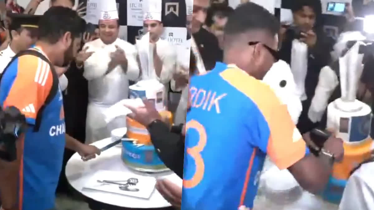 Indian cricket team captain Rohit Sharma cut the special 'Team India jersey with trophy' cake before leaving the ITC Maurya hotel for the side's meeting with Prime Minister Narendra Modi at his residence. Virat Kohli also cut the cake and was seen giving autographs.
