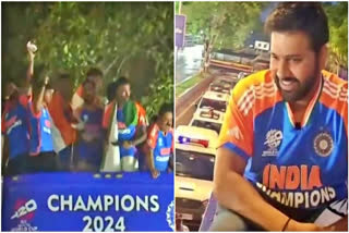 Screengrabs from video showing Team India players and captain Rohit Sharma during open-bus victory parade in Mumbai on Thursday.