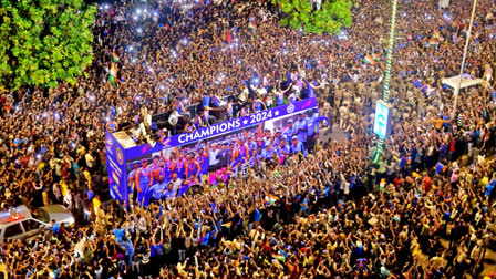 Team India's victory parade with a huge crowd of fans as they headed to Wankhede Stadium, in Mumbai on Thursday.