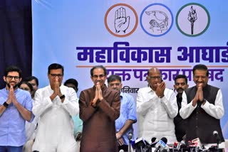 Congress leader Prithviraj Chavan, Shiv Sena (Uddhav Balasaheb Thackeray) chief Uddhav Thackeray, NCP (Sharadchandra Pawar) chief Sharad Pawar and others during a joint press conference of Maha Vikas Aghadi (MVA) in Mumbai