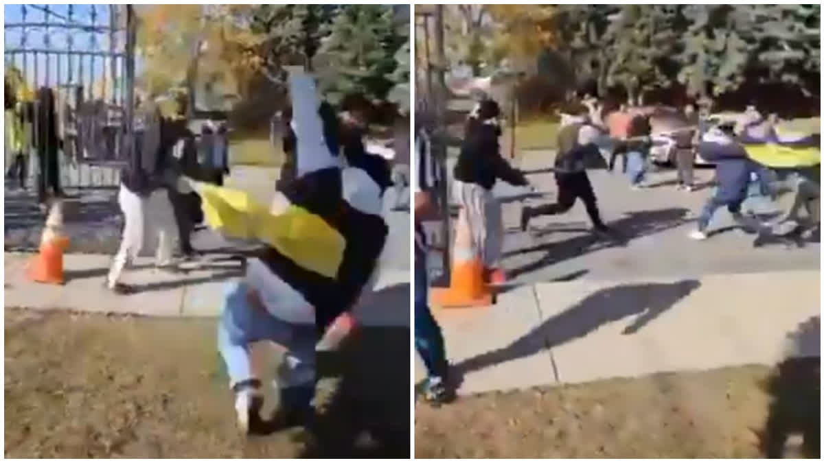 Screengrabs from the video showing devottes being attacked by a Pro-Khalistani mob in Canada.