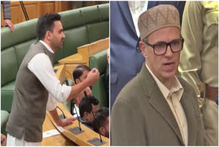 A combination of photos of PDP MLA Waheed Ur Rehman Para (left) and CM Omar Abdullah in J&K Legislative Assembly session in Srinagar on Monday, Nov 4 2024.