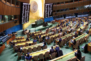 A screen show the vote results from the resolution "Peaceful settlement of the question of Palestine" at the General Assembly 46th plenary meeting on December 3, 2024, at UN headquarters in New York City.