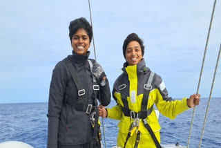 Lt Cdr Roopa A and Lt Cdr Dilna K onboard INS Tarini