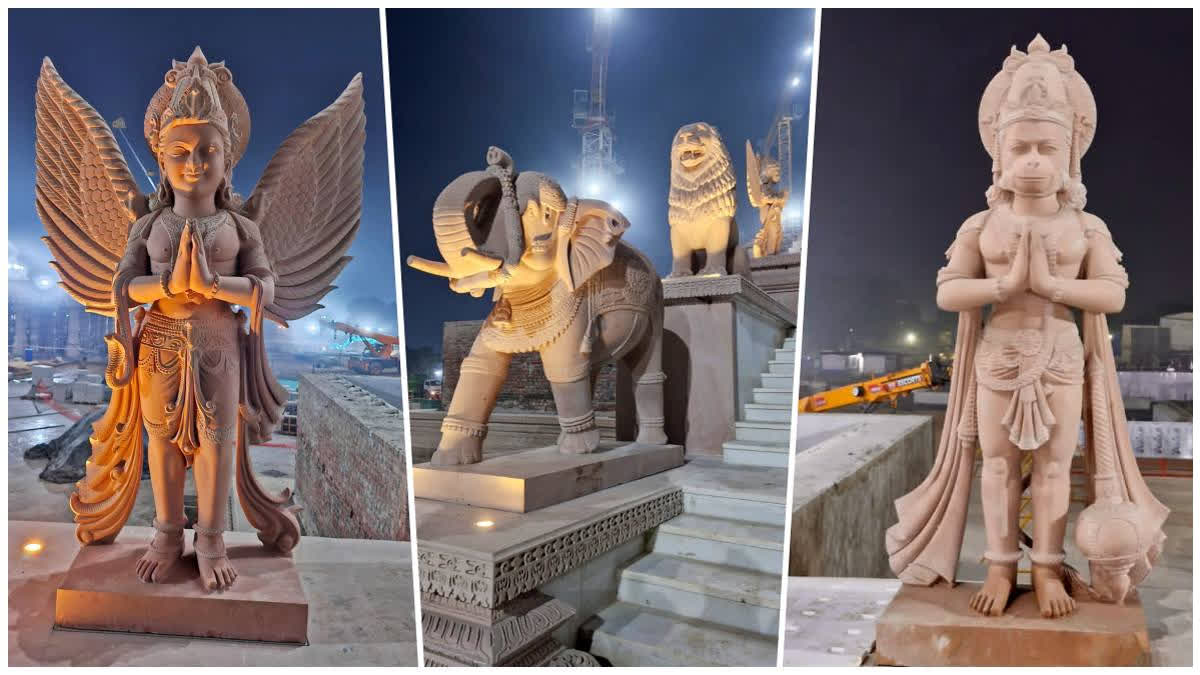Statues of Lord Hanuman Garuda, elephants and lions made using pink sandstone sourced from Rajasthan have been installed at the main entrance of the Ram Temple.