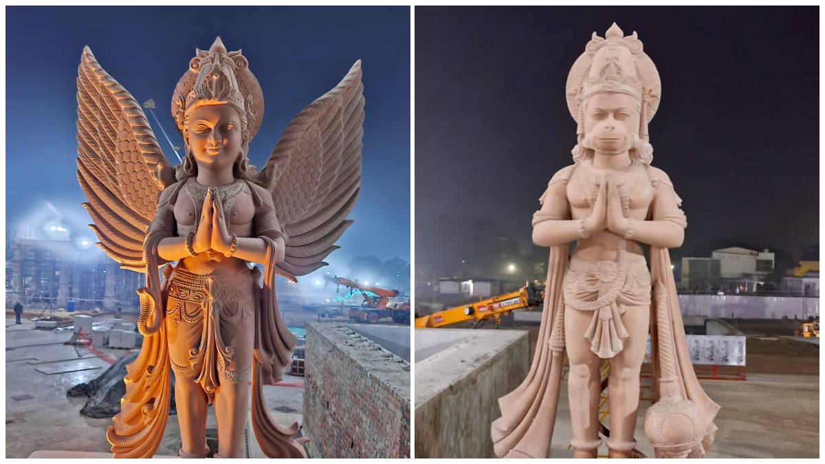 Ahead of Ram Temple's consecration ceremony in Ayodhya, statues of Lord Hanuman Garuda, elephants and lions made using pink sandstone have been installed at the main entrance. Shri Ram Janmabhoomi Teerth Kshetra trust shared the pictures of the under construction temple.