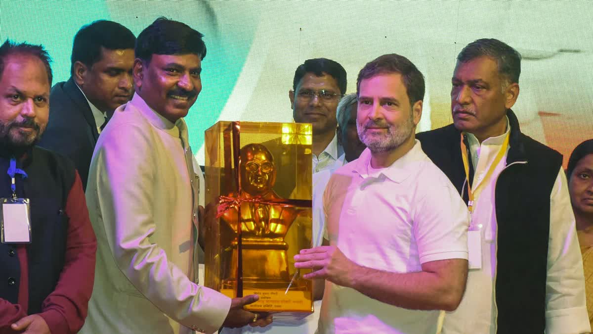 Congress leader Rahul Gandhi during the birth anniversary function of freedom fighter and Dalit icon Jaglal Choudhary, in Patna, Wednesday, Feb. 5, 2025.