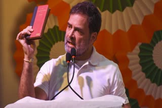 Rahul Gandhi addresses a gathering during the birth anniversary event of freedom fighter and Dalit icon Jaglal Choudhary in Patna on Wednesday.