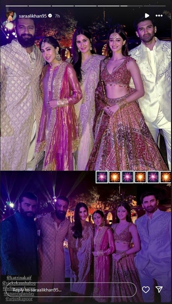 Sara Ali Khan Poses with Vicky-Katrina, Ananya and Aditya Roy Kapur at Anant's Pre-Wedding Bash