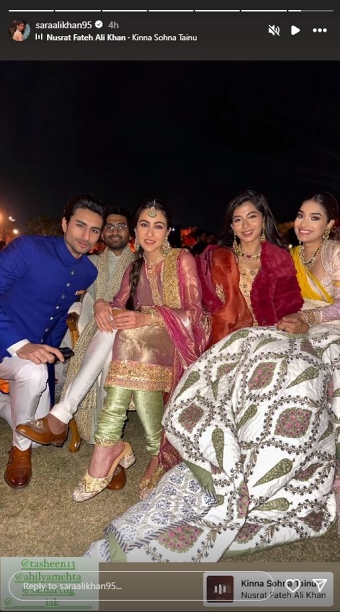 Sara Ali Khan uploaded photos from Anant Ambani and Radhika Merchant's Hastakshar ceremony, where she mingled with Bollywood stars such as Katrina Kaif and Vicky Kaushal, Ananya Panday and Aditya Roy Kapur, and Arjun Kapoor.