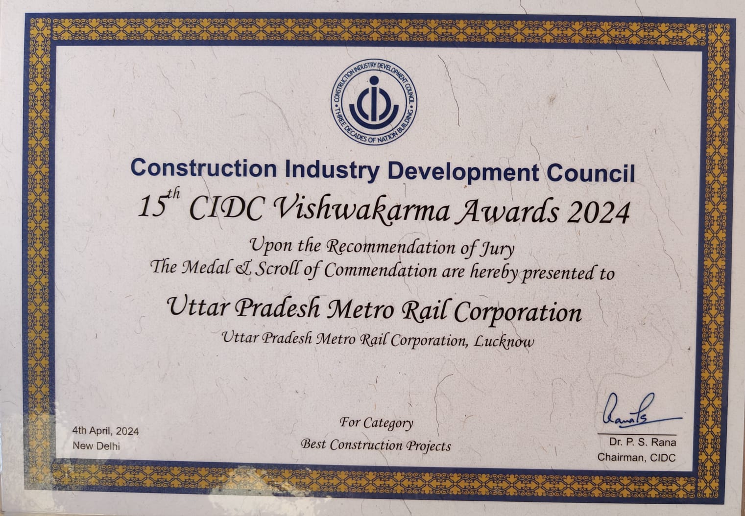 Vishwakarma Award to Lucknow Metro.