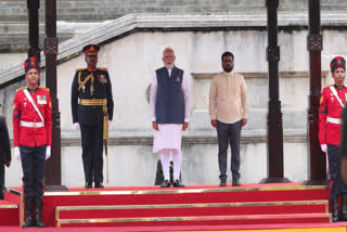 In this image released by @narendramodi via X on Saturday, April 5, 2025, Prime Minister Narendra Modi with Sri Lankan President Anura Kumara Dissanayake during the former's ceremonial welcome at the Independence Square, in Colombo, Sri Lanka.