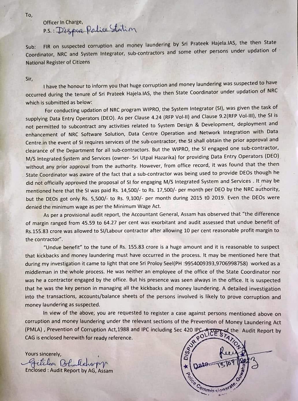 Assam police filed a FIR against former NRC coordinator Prateek Hajela