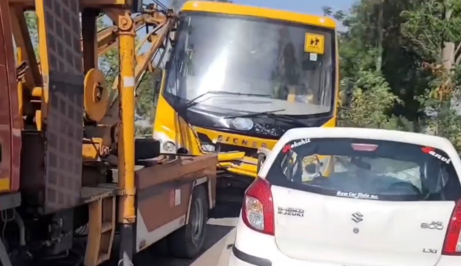 Horrible collision between school bus and car in Karnal