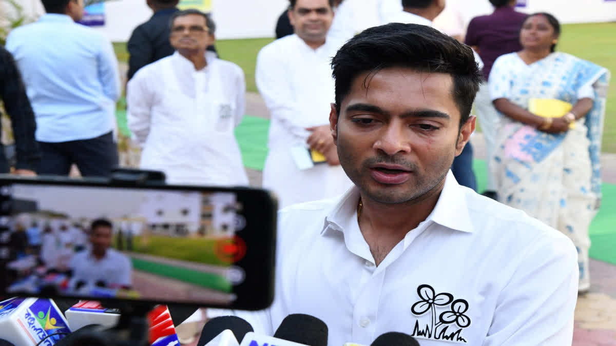 TMC General Secretary Abhishek Banerjee speaks to the media during a public meeting, in Purulia, on Thursday, April 25, 2024.