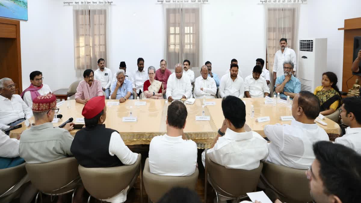 INDIA bloc leaders hold a meeting at the residence of Congress president Mallikarjun Kharge in Delhi.