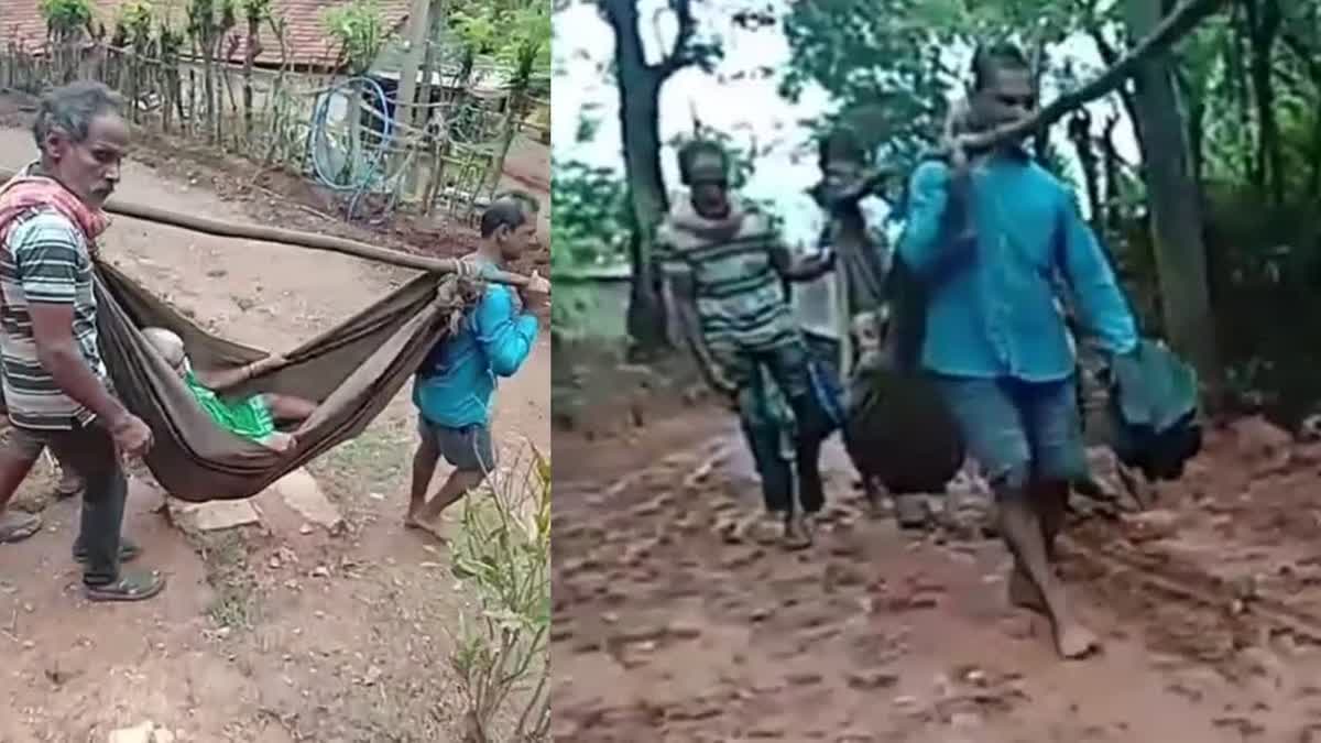 Elderly woman taken to hospital in makeshift cot due to lack of road connectivity