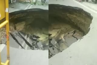 A large portion of road caved in Delhis Janakpuri area this morning