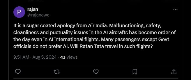 An X user reacts to Air India apology to DMK MP P Wilson