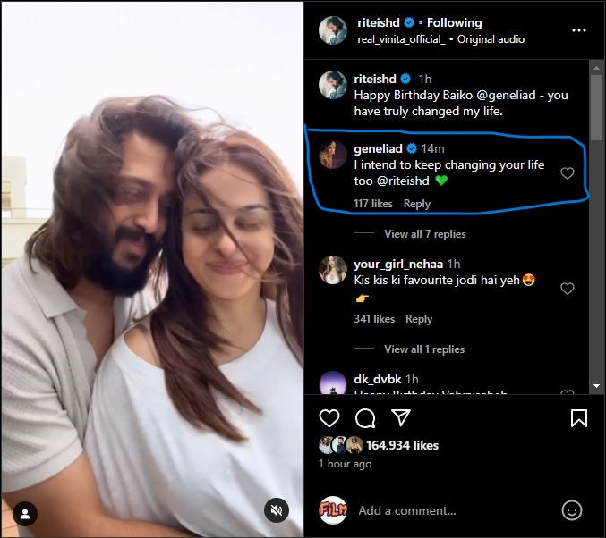 Happy Birthday Baiko Riteish Deshmukh wished his lady love Genelia in the sweetest way