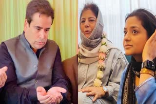 Left to right: NC Spokesman Tanvir Sadiq, PDP President Mehbooba Mufti and her daughter Iltija Mufti