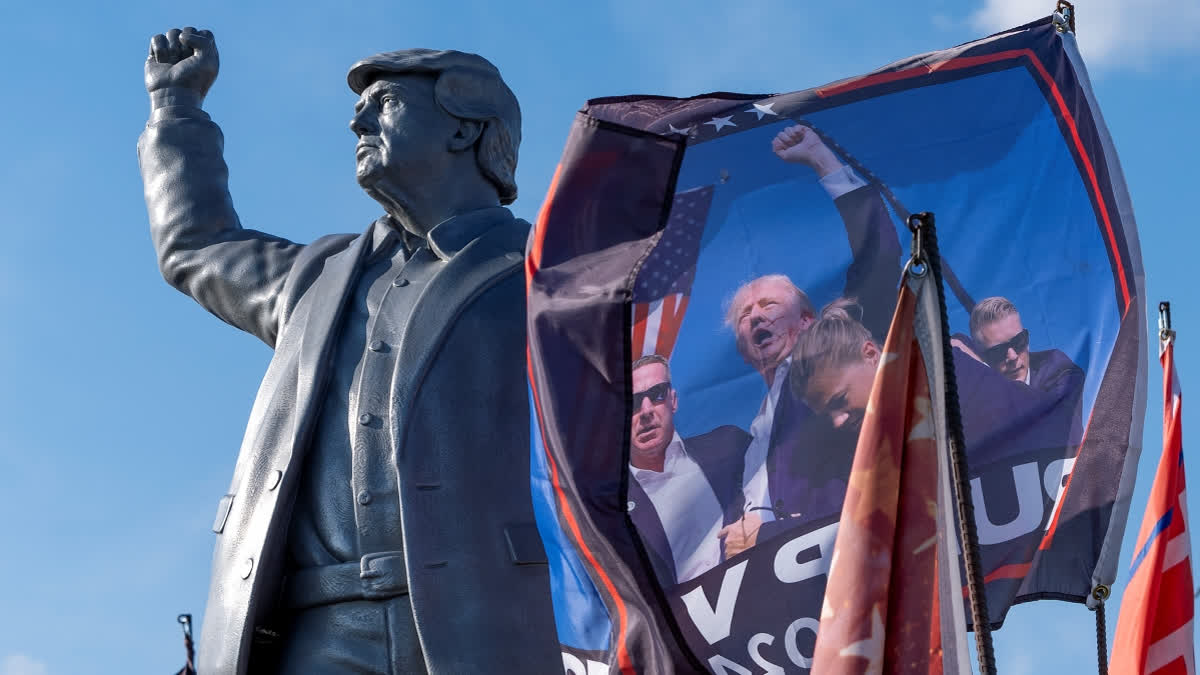 A statue of Republican presidential nominee former President Donald Trump is set up on a truck ahead of a campaign event at the Butler Farm Show, Friday, Oct. 4, 2024, in Butler, Pa.