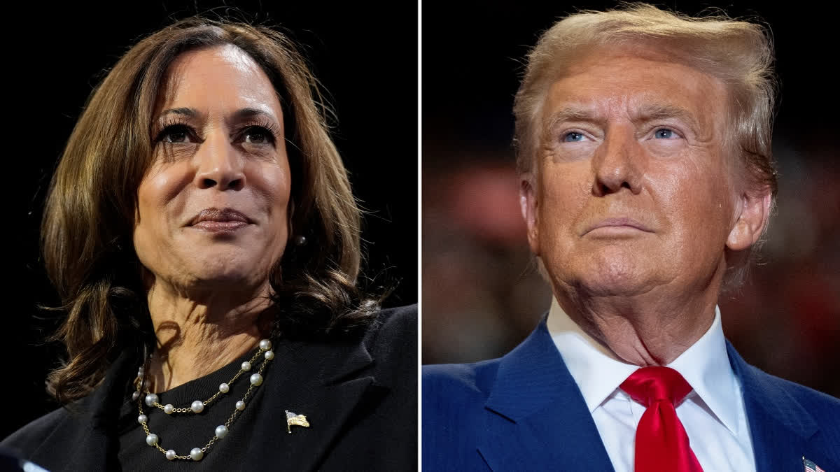 Combination of file photos of Democratic presidential nominee Vice President Kamala Harris, left, and Republican presidential nominee former President Donald Trump.