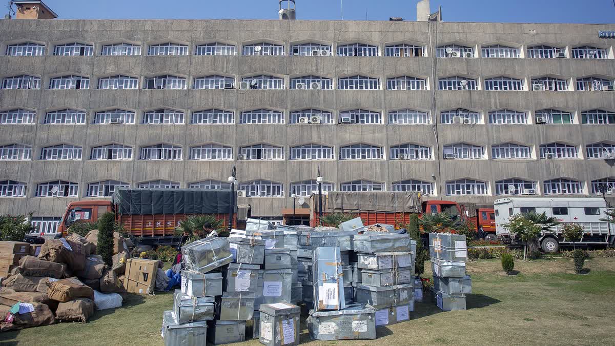 Boxes of official files of the Civil Secretariat of Jammu and Kashmir during the bi-annual Darbar move from Srinagar to Jammu, in Srinagar