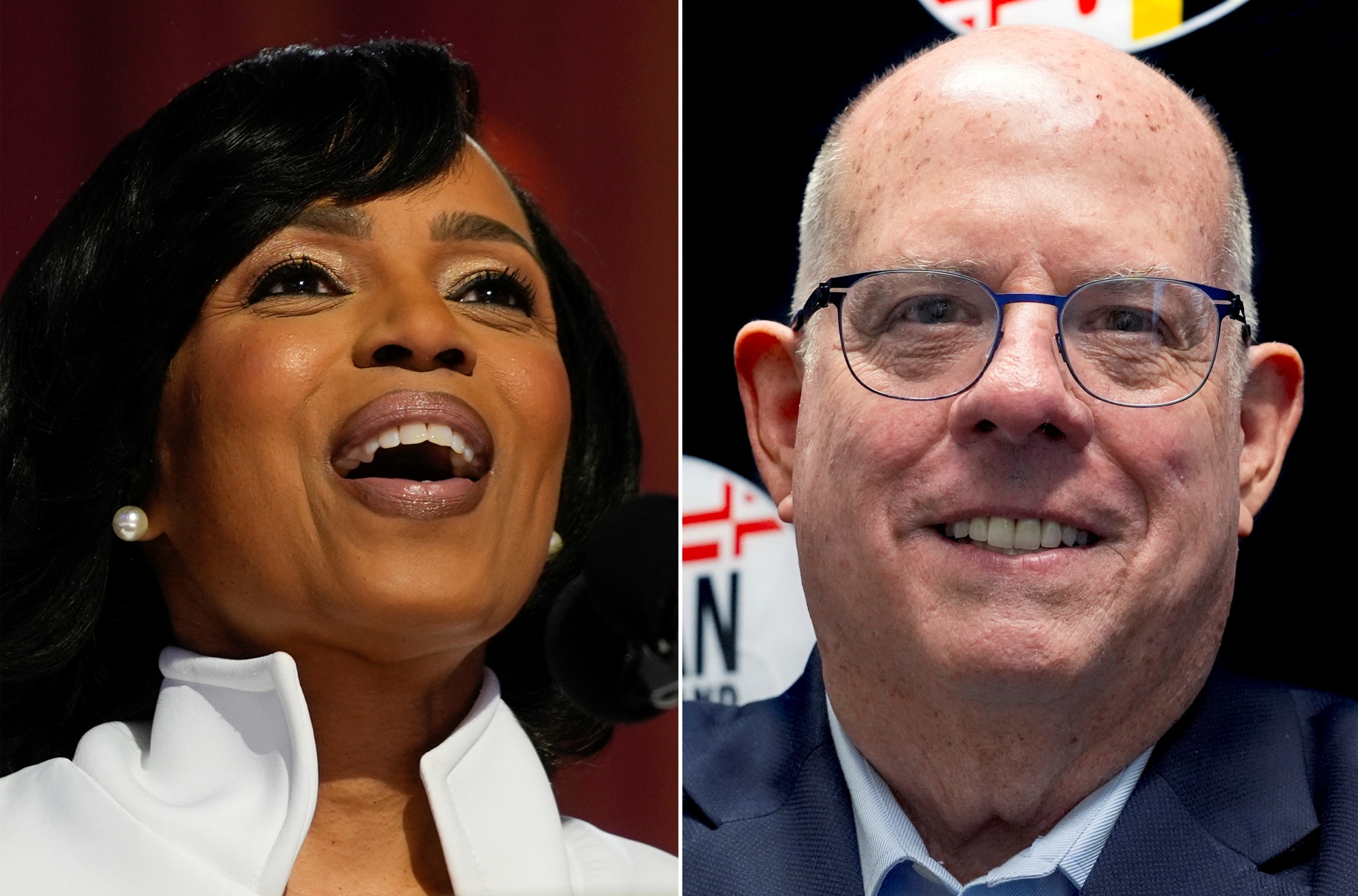 This combination of images shows from left, Democratic Maryland Senate candidate Angela Alsobrooks in Chicago, Aug. 20, 2024, and Republican opponent, former Maryland Gov. Larry Hogan in Annapolis, on Aug. 27, 2024.