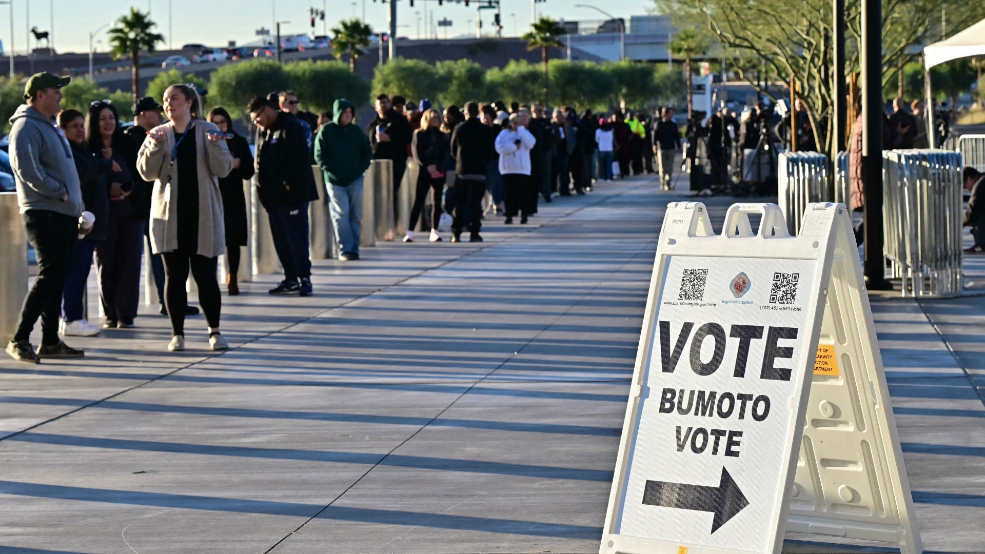 People line up at a polling station at Allegiant Stadium in Las Vegas, Nevada, on Election Day, November 5, 2024.