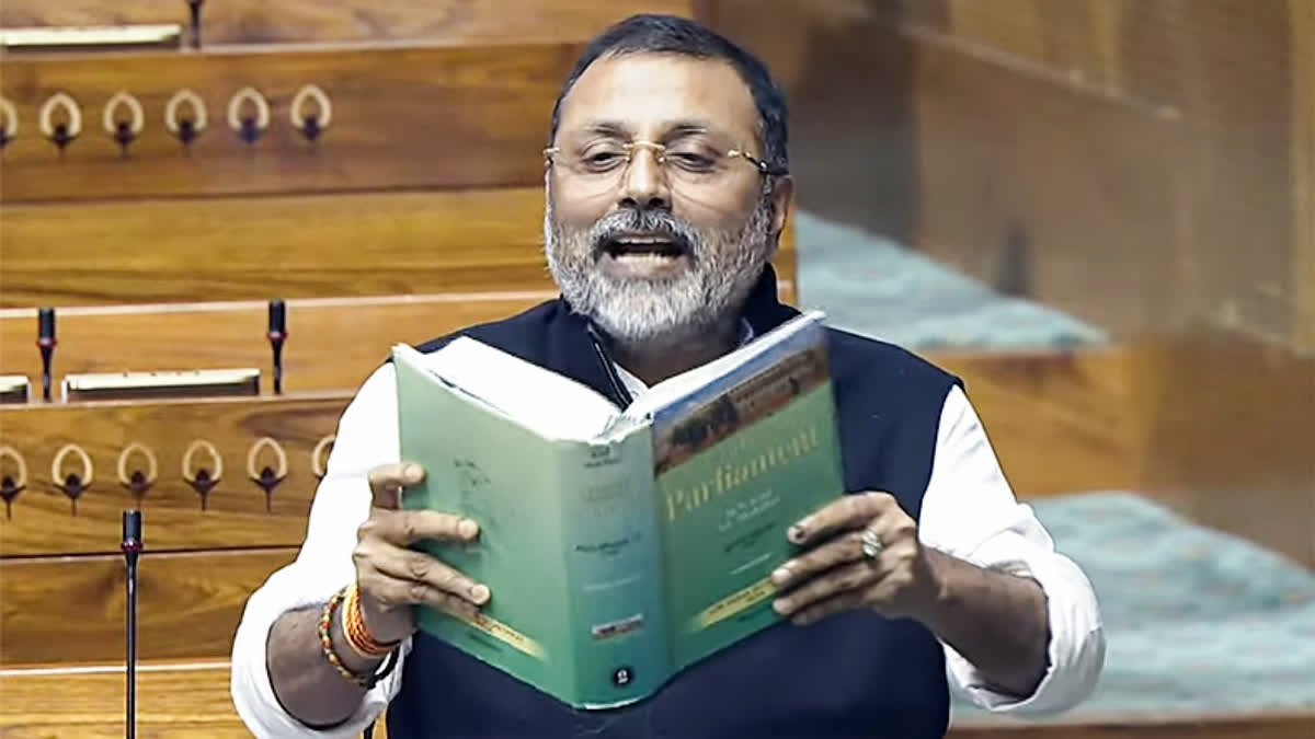 BJP MP Nishikant Dubey speaks in the Lok Sabha during the Winter Session of Parliament, in New Delhi on Tuesday.