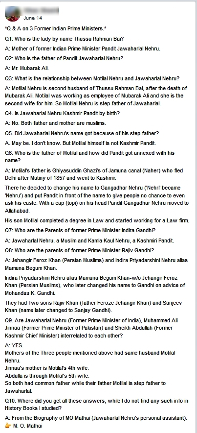 A post is being shared widely on social media with a claim that the statements in the post were taken from M.O. Mathai’s (Jawaharlal Nehru’s Special Assistant between 1946 and 1959) autobiography. Let’s try to check whether Mathai made the statements given in the post.