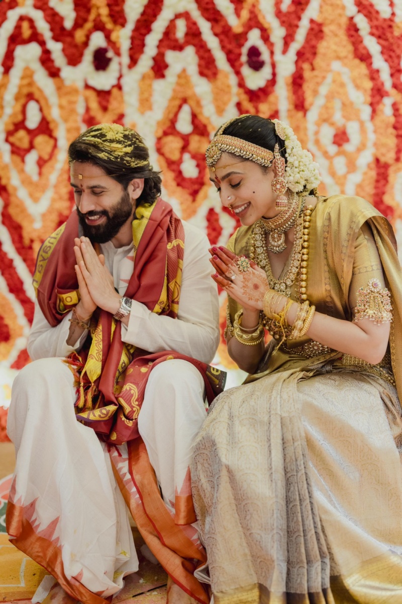 The groom complemented Shobhita in a madhuparkham