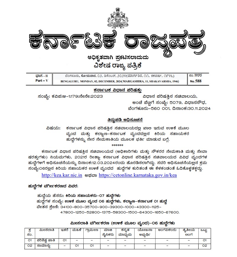 KEA Recruitment for Karnataka Legislative Council post for several post