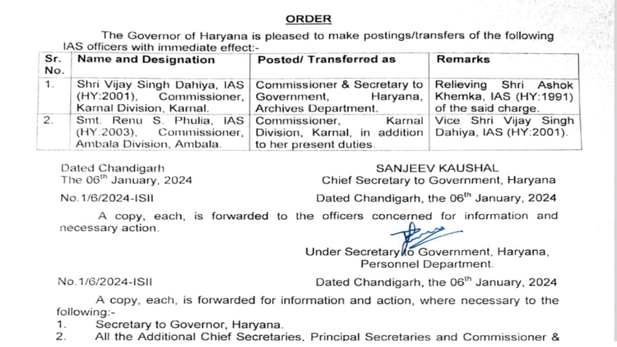 Haryana IAS Vijay Dahiya Transfer Again Karnal Commissioner Renu Phulia