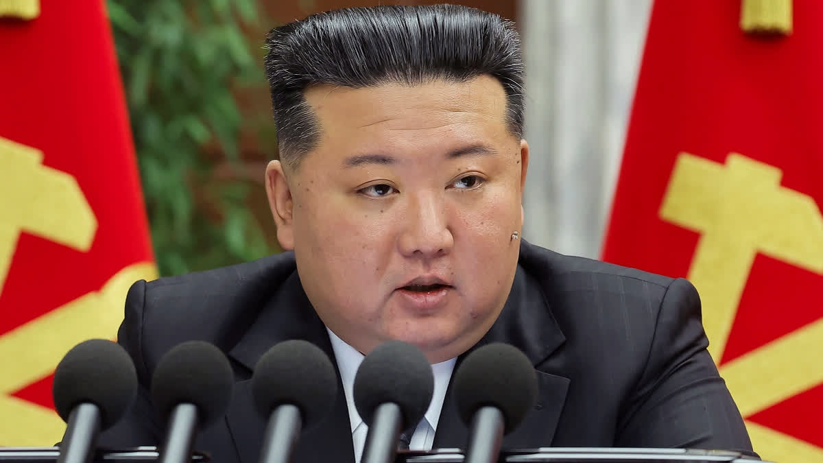 In this photo provided by the North Korean government, North Korean leader Kim Jong Un delivers a speech at a meeting held during Dec. 23 until Dec. 27, 2024, in Pyongyang, North Korea.