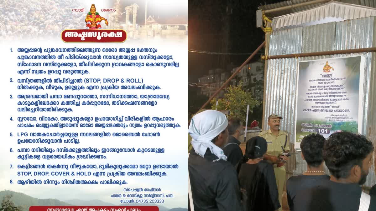 EIGHT SAFETY TIPS AYYAPPA DEVOTEES  അഷ്‌ട സുരക്ഷ നിർദേശങ്ങൾ  അഗ്നിരക്ഷ വകുപ്പ് ബാനർ പ്രചാരണം  SABARIMALA NEWS