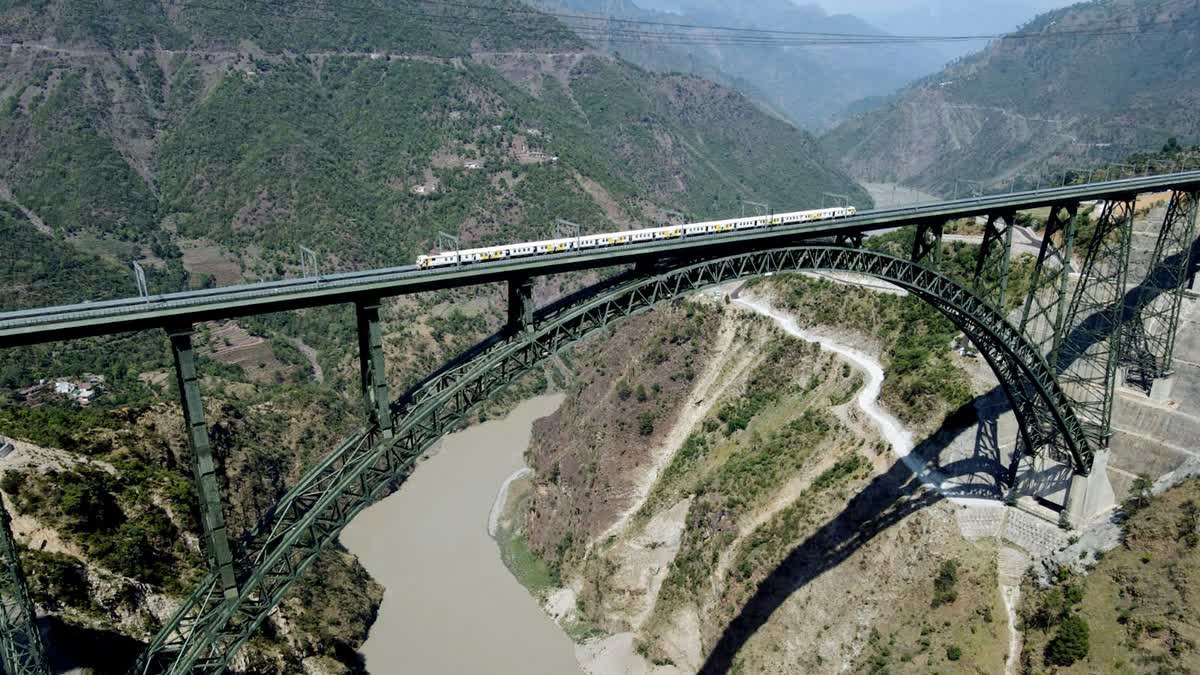 A view of the world's highest railway bridge across Chenab river in Jammu and Kashmir