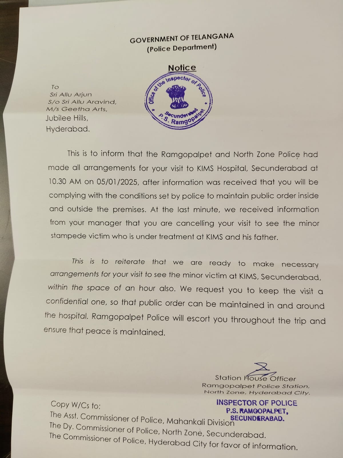 Ramgopalpet Police Notice To Allu Arjun