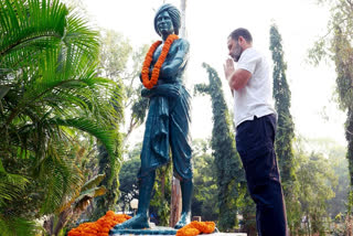 Congress leader Rahul Gandhi pays homage to tribal leader Bissa Munda after resuming the Nyay Yatra in Jharkhand