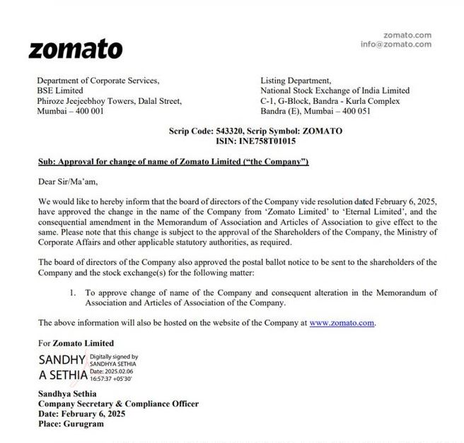 ZOMATO NEW NAME IS ETERNAL  ZOMATO OR ETERNAL  ZOMATO BOARD MEETING  ZOMATO NEWS