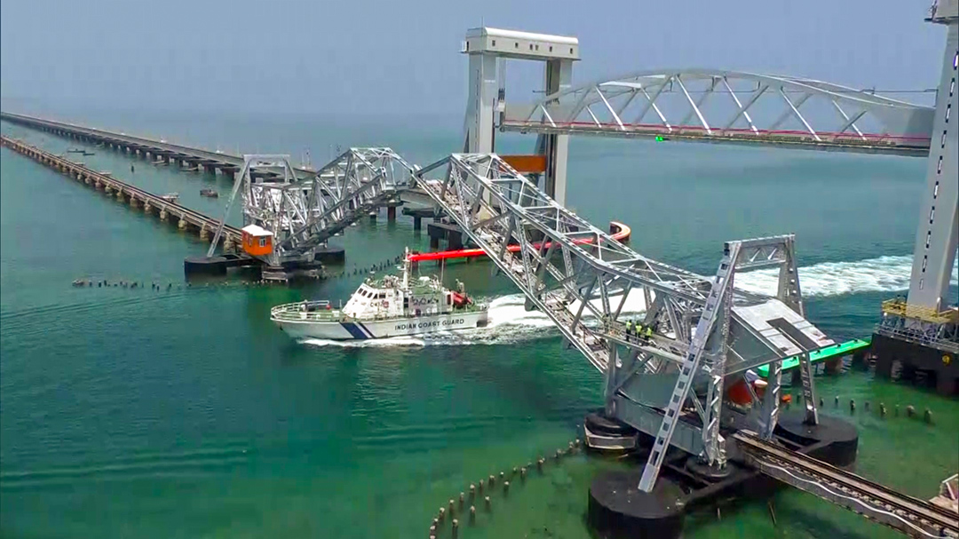A rehearsal being done at the new Pamban Railway Bridge