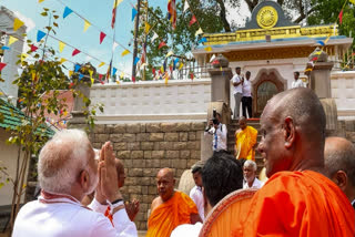 In this image provided by @narendramodi via X on April 6, 2025, Prime Minister Narednra Modi with Sri Lankan Executive President Anura Kumara Dissanayake at the Jaya Sri Maha Bodhi, in Anuradhapura, Sri Lanka.