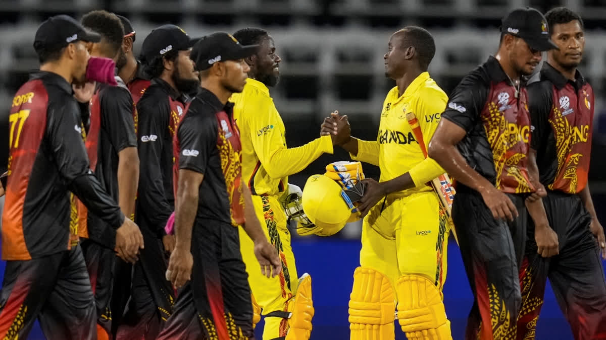 Uganda claimed their first-ever T20 World Cup win with a three-wicket victory over Papua New Guinea in a low-scoring thriller encounter at Providence Stadium on Wednesday. The African side bowled out PNG for 77 and after struggling at 26-5 in reply reached the target in 18.2 overs with Riazat Ali Shah top-scoring with 33. At the same time, spinner Frank Nsubuga bowled the most economical four-over spell in the history of the T20 World Cup.