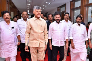 Andhra Pradesh Chief Minister N Chandrababu Naidu and his Telangana counterpart A Revanth Reddy among other officials in Hyderabad on Saturday.