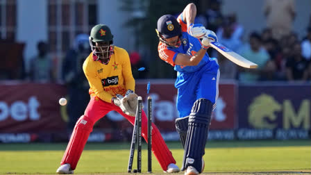 Indian batsman Mukeshi Kamar is bowled out during the T20 cricket match against Zimbabwe at Harare Sports club, Saturday, July 6, 2024.