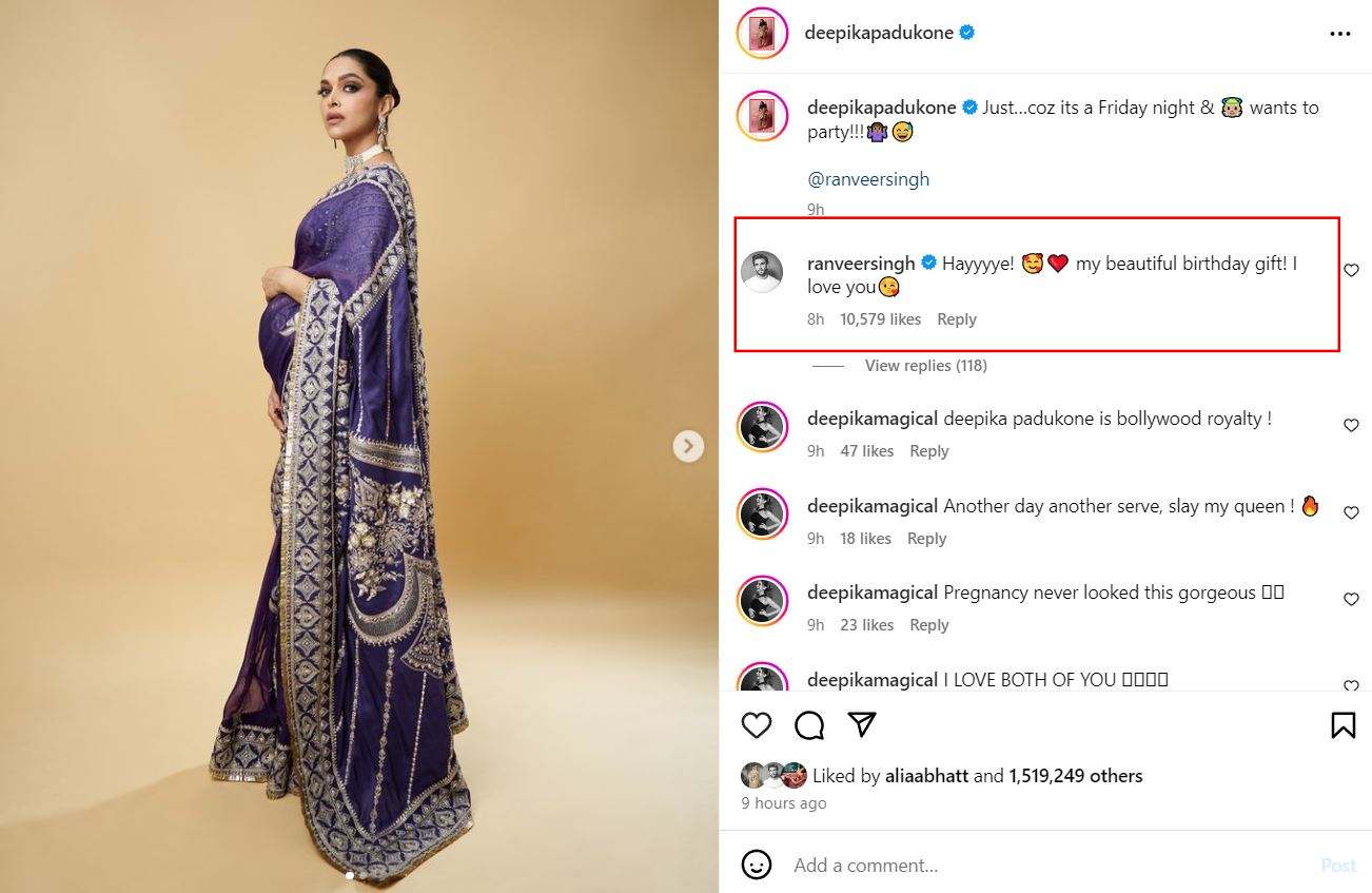 Ranveer Singh affectionately reacts to Deepika Padukone's Instagram post, calling her his 