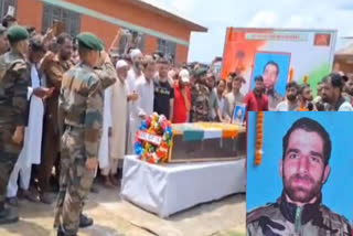 A soldier belonging to north Kashmir's Bandipora district, who was killed in the recent Kulgam encounter, was laid to rest with full military honours on Sunday.